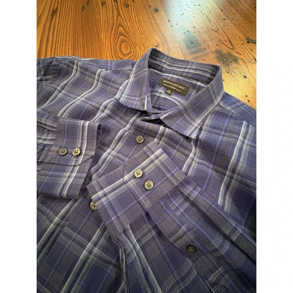 Banana Republic Mens Blue Plaid Stretch Tailored Slim Fit Button Down Shirt XL